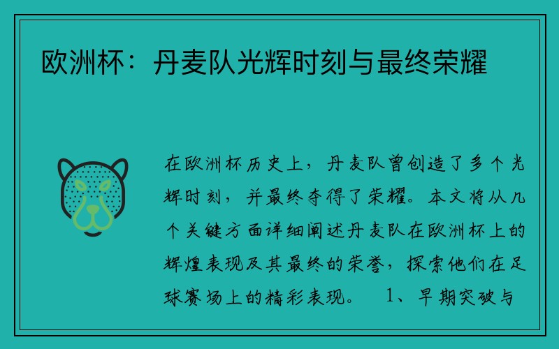 欧洲杯：丹麦队光辉时刻与最终荣耀
