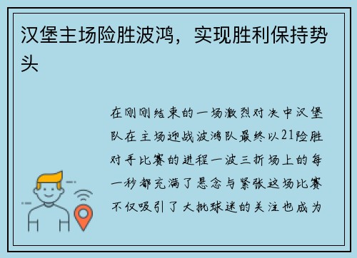 汉堡主场险胜波鸿，实现胜利保持势头
